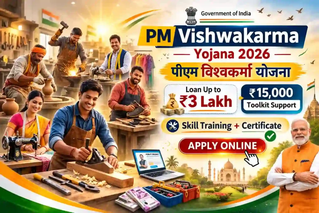 PM Vishwakarma Yojana 2026 (पीएम विश्वकर्मा योजना) – ₹3 लाख तक लोन, फ्री ट्रेनिंग और टूलकिट सहायता