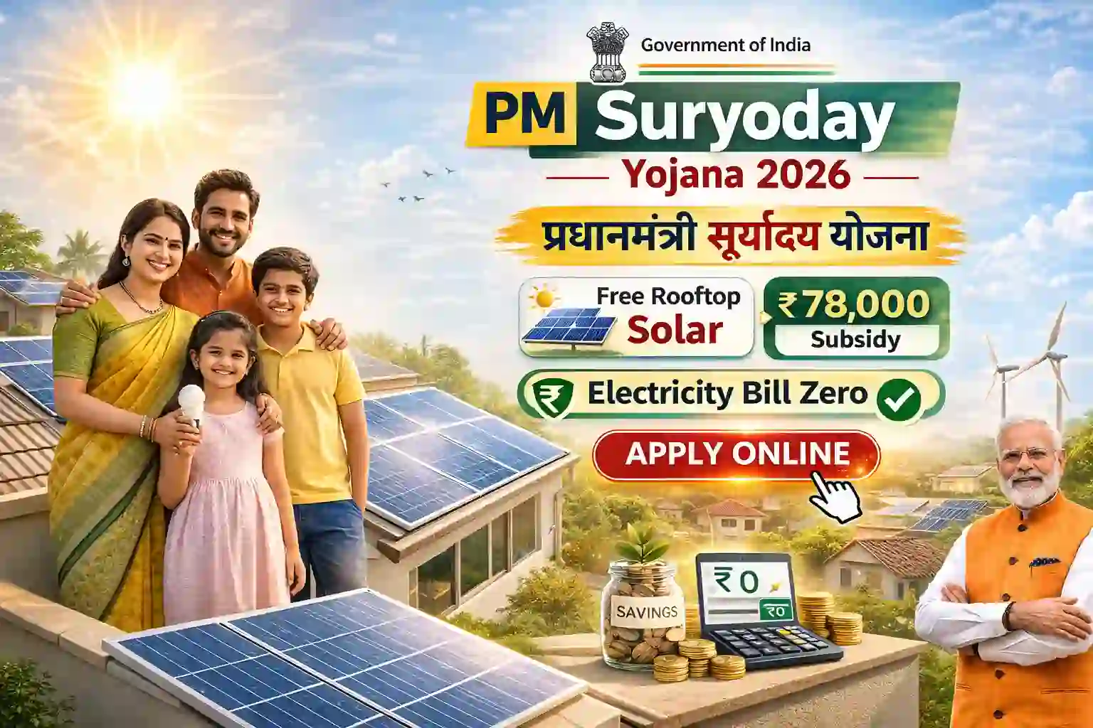 PM Suryoday Scheme 2026 rooftop solar subsidy benefits