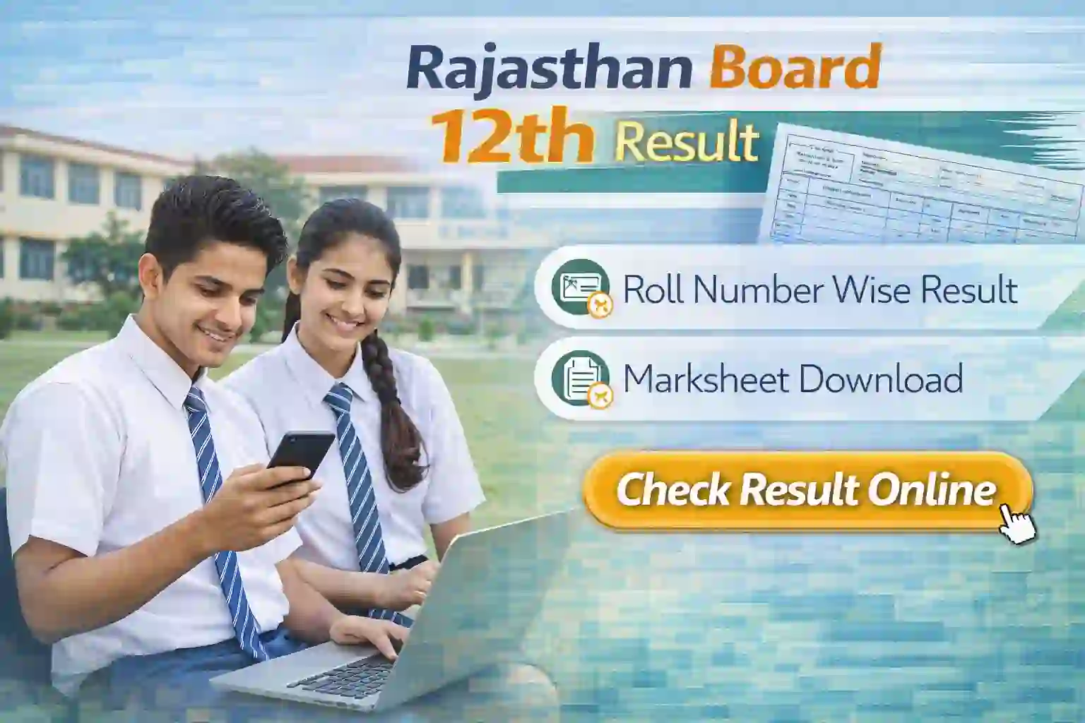 Rajasthan Board 12th Result 2026 roll number wise marksheet download
